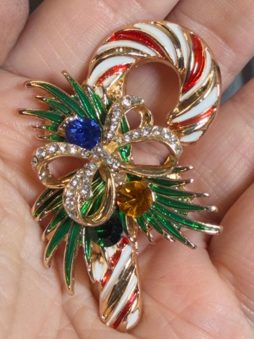 Candy Cane Brooch Christmas Rhinestone Bow Holiday Pin 2.25"